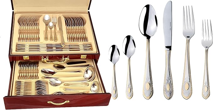 Venezia Collection "Medallion" 75-Piece Fine Flatware Set, Silverware Cutlery Dining Service for 12, Premium 18/10 Surgical Stainless Steel, 24K Gold-Plated Hostess Serving Set, Wooden Storage Case