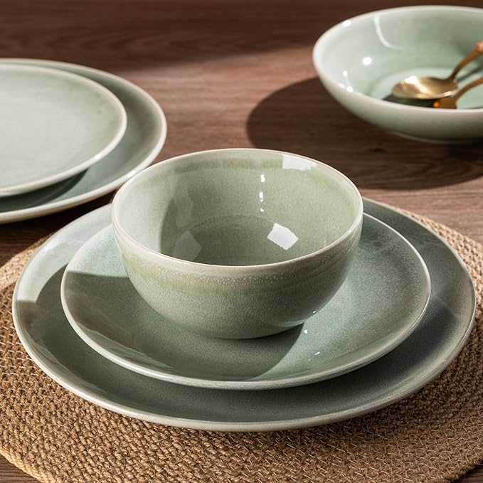 AmorArc Ceramic Dinnerware Sets for 6, 18 Pieces Handpainted Plates and Bowls Set, Scratch Resistant Stoneware Dishes Set, Dishwasher & Microwave Safe, Olive Green
