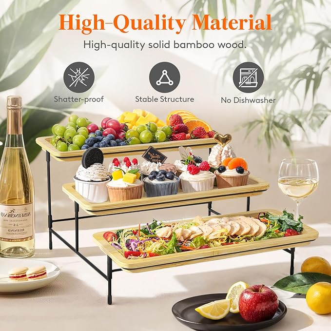 Lifewit 3 Tier Bamboo Serving Tray for Party Supplies, 14" x 6.5" Platters for Serving Food, Reusable Trays with Black Metal Display Stand for Veggie, Fruit, Cookies, Dessert