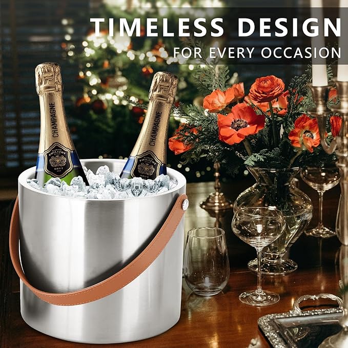 4L Ice Bucket with Lid, Scoop,Tongs & Strainer, Stainless Steel Double Wall Insulated Ice Buckets for Parties & Cocktail Bar, Large Outdoor Champagne Ice Container, Light Brown Handle