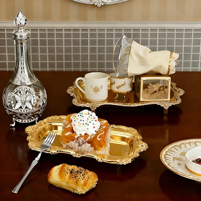 KUMGROT Small Fancy Serving Tray Small Teacup Coffee Cup Serving Tray Vintage Jewelry Organizer Elegant Dessert Platter Candy Table Supplies for Birthday Party Wedding Gold, 7.87"x4.5"