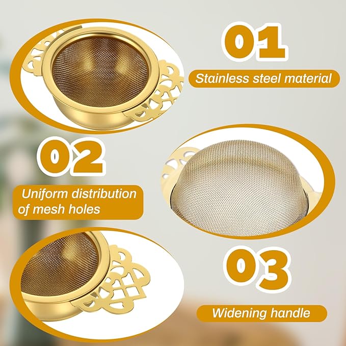 8 Pack Tea Strainer Bowl, 304 Stainless Steel Tea Drain Strainer Tea Filter Mesh Tea Drip Bowls Teapot Strainers With Petal Handles Tea Divider for 2.5-4 Inch Cup Mouth (silver, gold)
