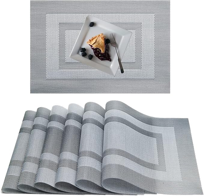 Placemats,PlasticVinyl Washable Heat-Resistant Durable PVC Non-Slip Woven for Kitchen Dining Table Mats (Set of 6, Grey)
