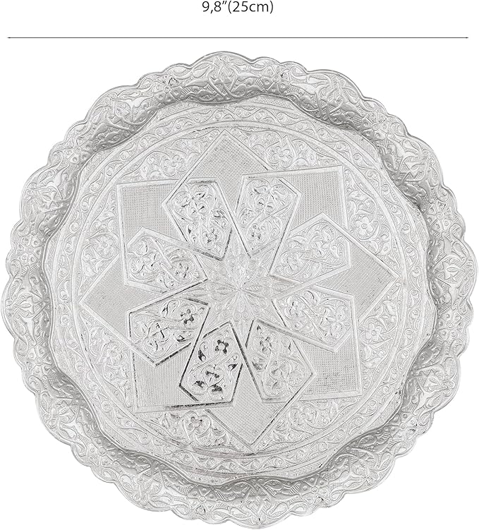 Alisveristime Turkish Ottoman Motif Decorative Zamac Tray, (25cm - 9.8" Diameter) (427 gram - 15 oz) Ideal for Both Serving and Decoration, Available in Four Distinctive Colors (Silver)