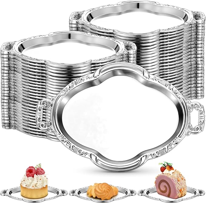 50 Pcs Oval Mini Baroque Dessert Display Tray Mini Elegant Plastic Serving Tray Small Cake Candy Plates for Weddings Party Bridal Baby Shower, Birthday, Candy Jars Decorations(Silver)