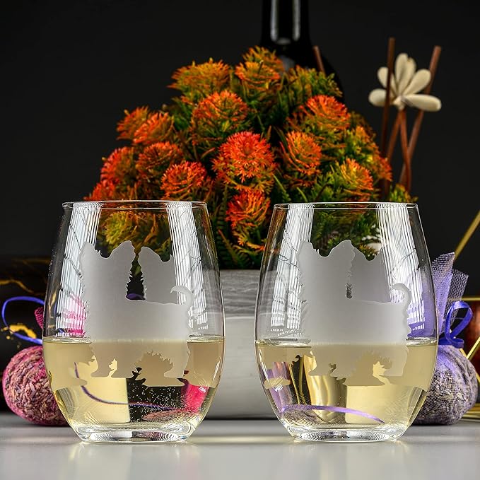 Yorkshire Terrier Stemless Wine Glasses (Set of 2) - Unique Gift for Dog Lovers - Hand Etched with Breed Name on Bottom