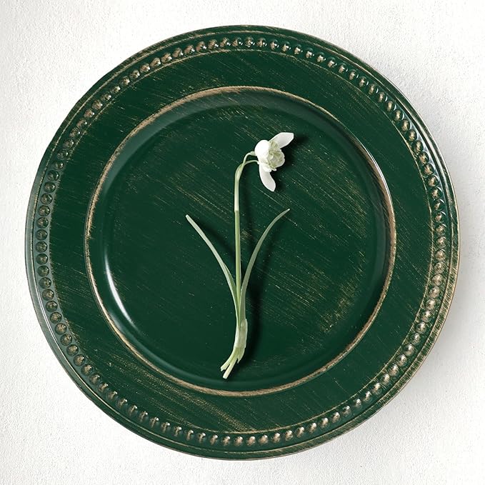 Vintage Charger Plates Set of 6, Beaded Service Plate, Plastic Charger Plate Set Bulk Wedding Easter, Event, Holiday, Christmas, Elegant Table Setting Centerpieces, Hunter Green
