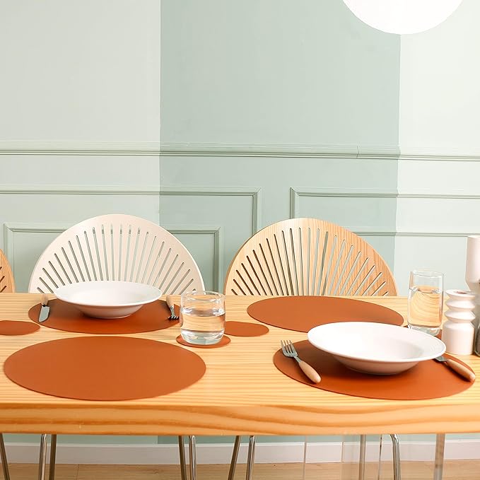Wipeable Placemats and Coasters Leather Table Mats Waterproof Heat-Resistant Easy to Clean for Dining Table Set Kitchen Table Set of 6, Brown