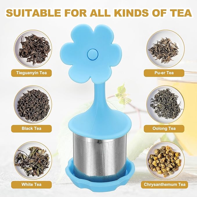 uxcell 2 Pcs Flower Tea Infuser, Stainless Steel Loose Leaf Tea Steeper Filter with Silicone Handle Reusable Thin Pores Mesh Strainer Diffuser for Teacups Teapots Mugs, Blue