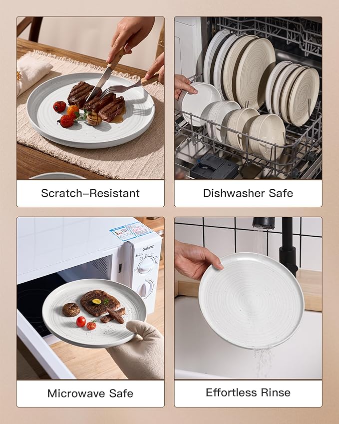 Plates and Bowls Sets for 6, Famiware Premium 18-Piece Stoneware Dinnerware Set, Spiral Flared Dish Set with Speckles & Reactive Glaze - Microwave & Dishwasher Safe Tableware, White