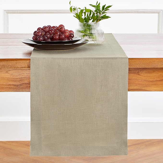 Solino Home Linen Vintage Khaki Table Runner 120 Inches Long - 100% Pure Linen 14 x 120 Inch Table Runner - Fete