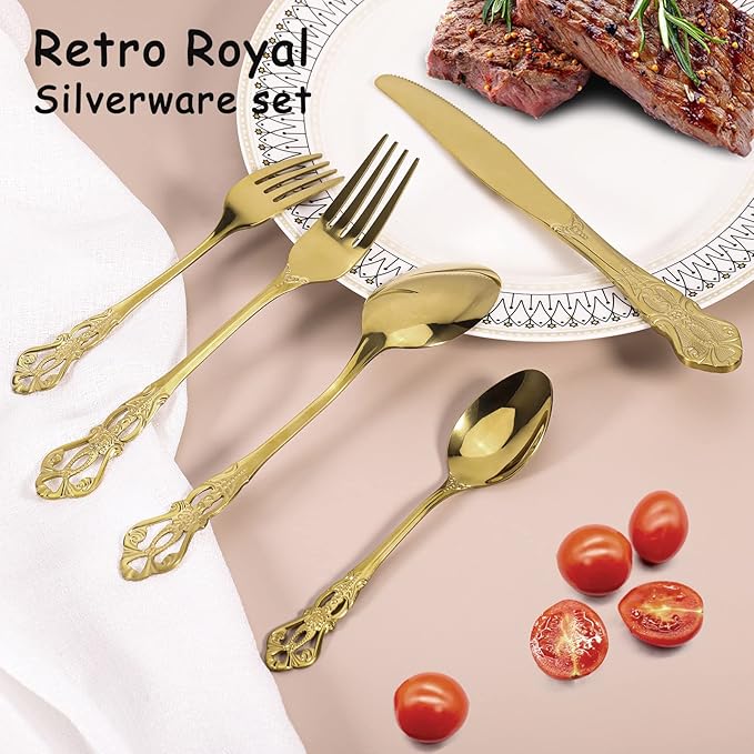 20 Piece Gorgeous Retro Royal Gold Silverware Set for 4, Premium Stainless Steel Flatware Set with gift box, Mirror Polished Cutlery Set Including Spoons and Forks, Vintage Utensils, Dishwasher Safe