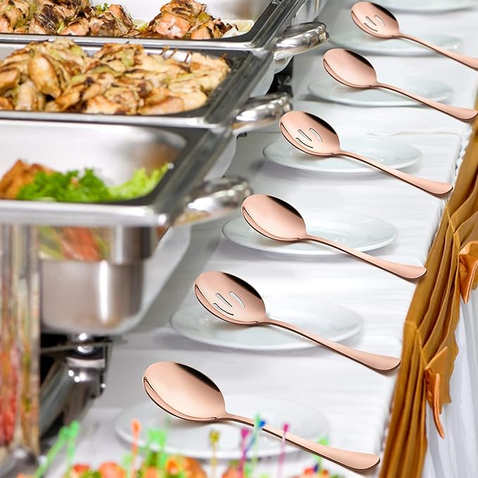 LIANYU 8-Piece Large Copper Serving Spoons, Copper Slotted Serving Spoons, 9.8Inch Stainless Steel Serving Utensils for Party Buffet Restaurant Banquet Dinner Catering, Dishwasher Safe
