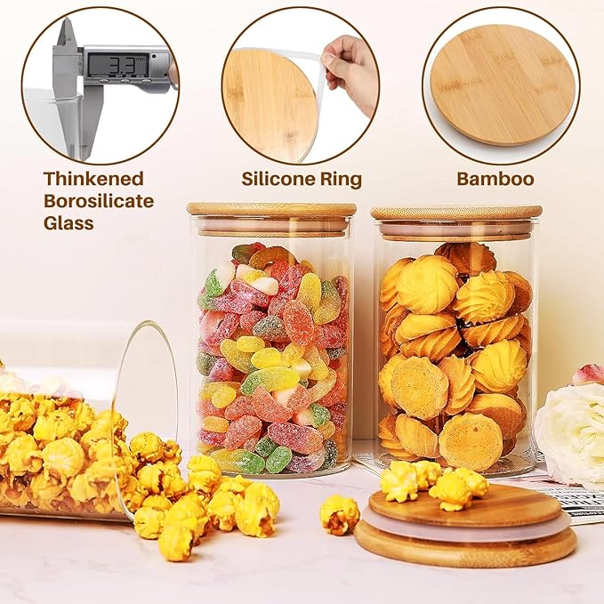 Small Size 33+17 oz Glass Food Storage Jars with Airtight Lids, Clear Glass Jar with Bamboo Lid, Airtight Food Canister for Tea, Candy, Coffee, Sugar, Cookie, Snack. (Round | 5+6 Inch)