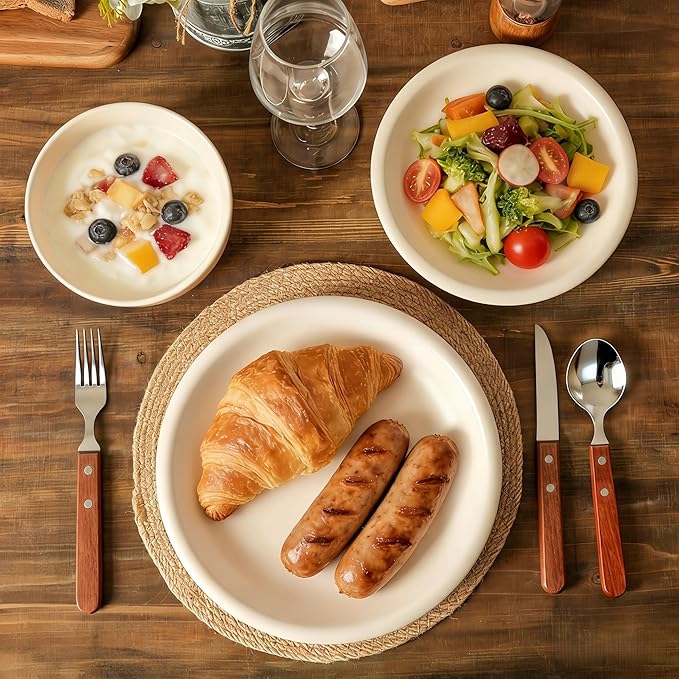Salad & Dessert Plates, 8 Inch Small Dinner Plates Sets for 4, Dishwasher & Microwave Safe, Porcelain Dinner Dishes for Cake, Fruits, Waffle, Pasta, Salad, Terracotta White