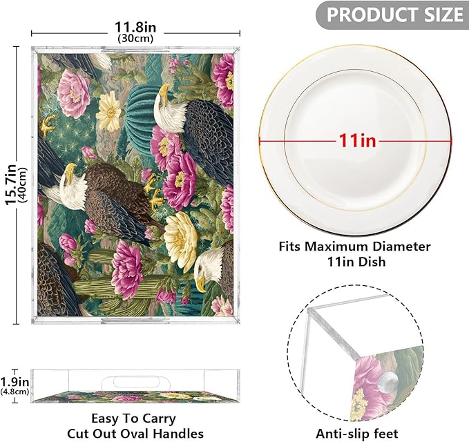 Serving Tray with Handles Clear Acrylic Tray 12x16 Inch Decorative Rectangular Tray Organizer for Ottoman Coffee Table Bathroom Green Bald Tagles and Cactus Flowers02