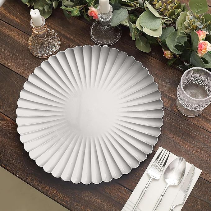 Efavormart 6 Pack | 13" Silver Scalloped Shell Pattern Plastic Serving Plates, Round Disposable Charger Plates