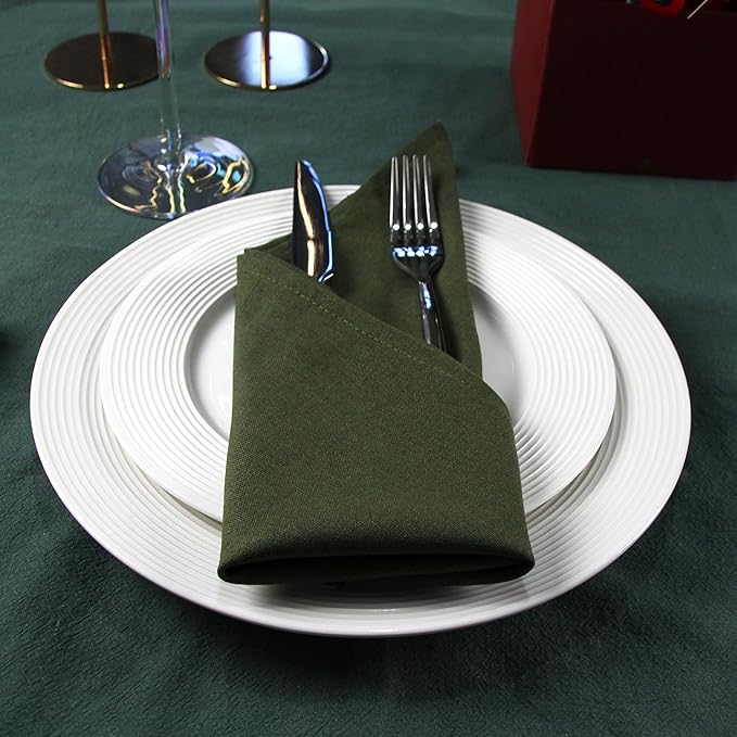 Solid Color Polyester Linen Blended Thin Dinner Napkins - Pack of 12 (40 x 40 cm) - for Events & Home Use (Army Green)