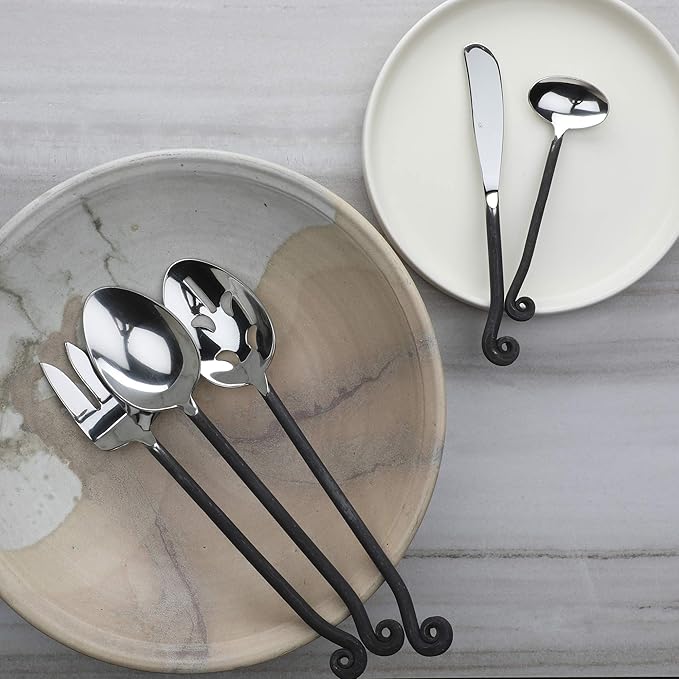 Gourmet Settings - 5-Pieces Hostess Silverware - Treble Clef Collection - Matte/Polished Metal Flatware Serving Set - Stainless Steel Kitchen Utensils Knife/Fork/Spoons - Dishwasher Safe (34-033)