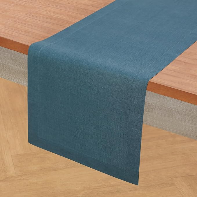 Solino Home Linen Table Runner 108 Inches Long - 100% Pure Linen Peacock Blue Table Runner 14 x 108 Inch - Fete