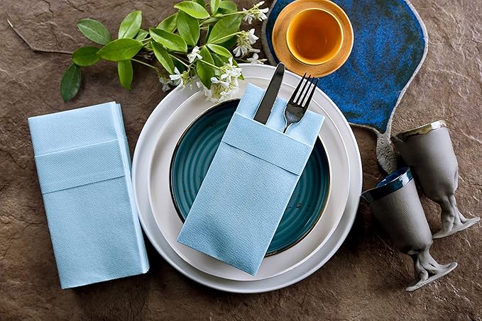 Baby Blue Dinner Napkins Cloth Like with Built-in Flatware Pocket, Linen-Feel Absorbent Disposable Paper Hand Napkins for Kitchen, Bathroom, Parties, Weddings, Dinners or Events, Pack of 50