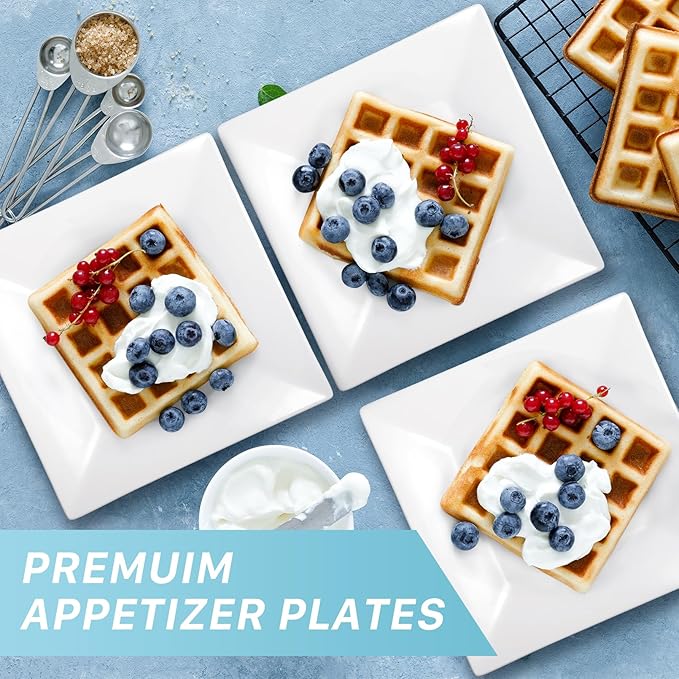 Appetizer Plates Set of 6,10 Inch Porcelain Square Dinner Plates,White Salad Plates,Square Serving Plate for Steak,Pasta,Dessert, Scratch Resistant, Microwave and Dishwasher Safe