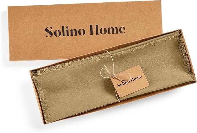 Solino Home Fringe Linen Placemats Set of 4 - 14 x 19 Inch Placemats Kelp - 100% Pure Linen Table Mats for Christmas, Holiday, New Year - Handcrafted and Machine Washable