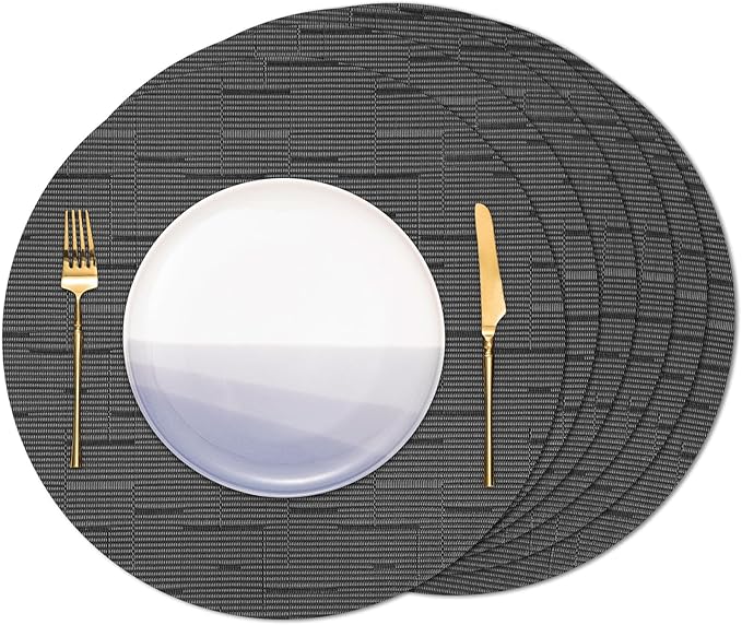 Round Placemats Set of 6 Heat Resistant Vinyl Placemats 15 inch Washable Non-Slip Table Mats Woven Place Mats for Dining Table (Black + Dark Gray, Set of 6)