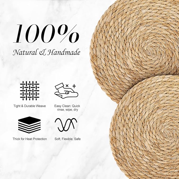 Placemats Set of 8-11.8in Round Rattan Place Mats & 11.8” x 17” Cotton Braided Placemat for Dining Table Setting, Rustic Farmhouse Boho Wedding Decor, Wicker Woven Charger Dinner Plates, 16Pcs