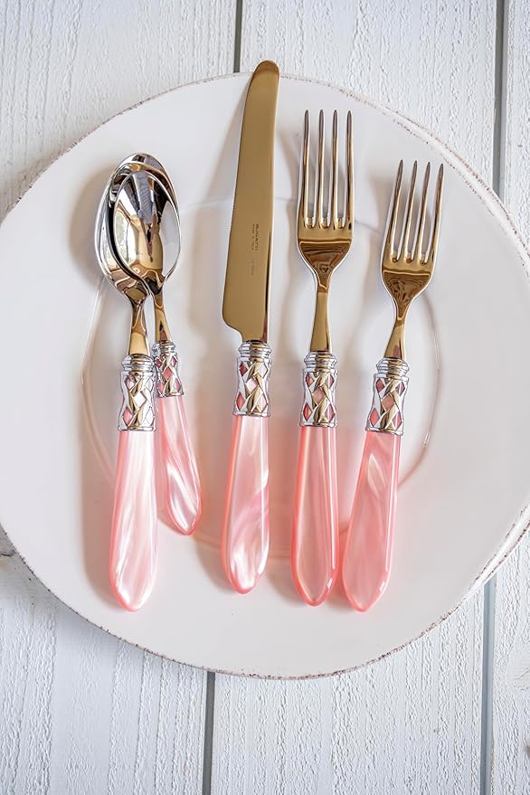 Vietri Aladdin Collection Italian Flatware 18/10 Stainless Steel Brilliant Finish Place Settings (Light Pink)