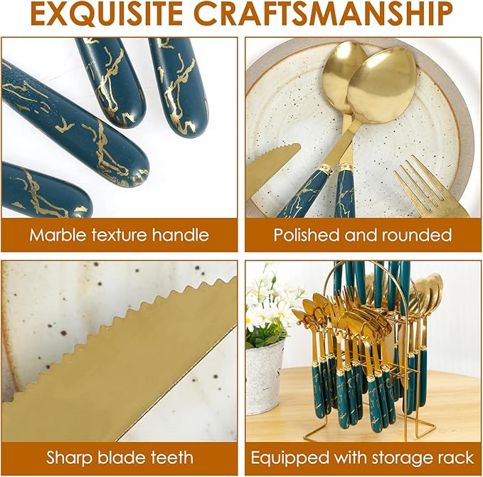 24 Pcs Silverware Set with Hanging Holder, Stainless Steel Flatware Set, Kitchen Utensil Tableware Set with Stainless Steel Knives and Forks and Spoons, Mirror Polished, Dishwasher Safe (Green)
