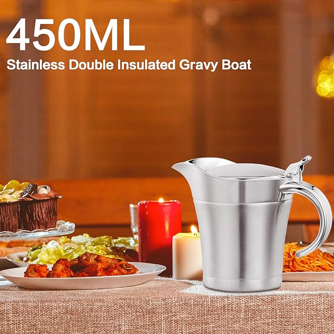 Gravy Boat Stainless Steel Double Insulated Sauce Jug with Hinged Lid, Perfect for Serving Jars of Gravy or Cream for Thanksgiving, Halloween, Christmas (450ML-16oz -Sliver）