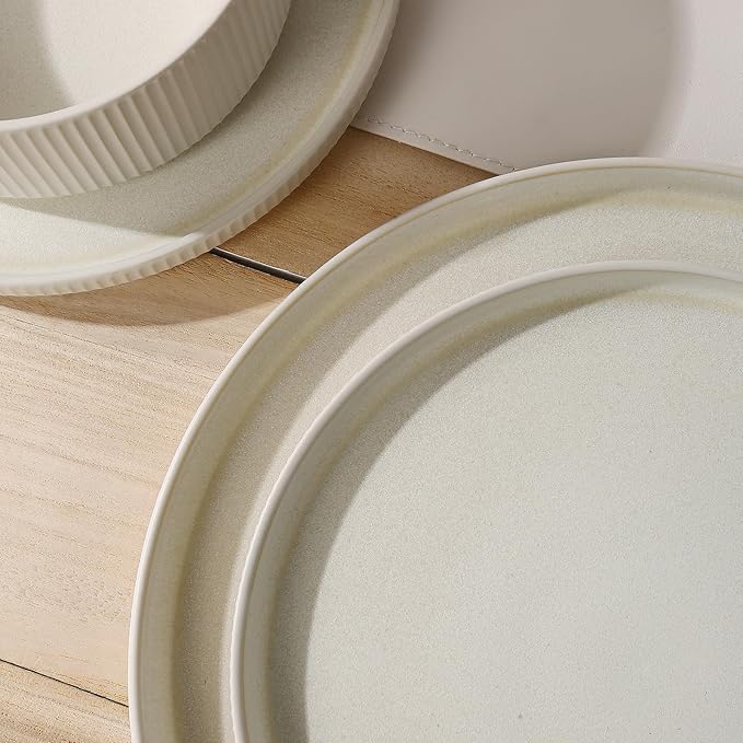 MONITO Ceramic Dinnerware Sets for 4, 12PCS Stoneware Plates and Bowls Sets, Reactive Glaze Dish Set, Chip and Scratch Resistant Double, Microwave and Dishwasher Safe, Matte White