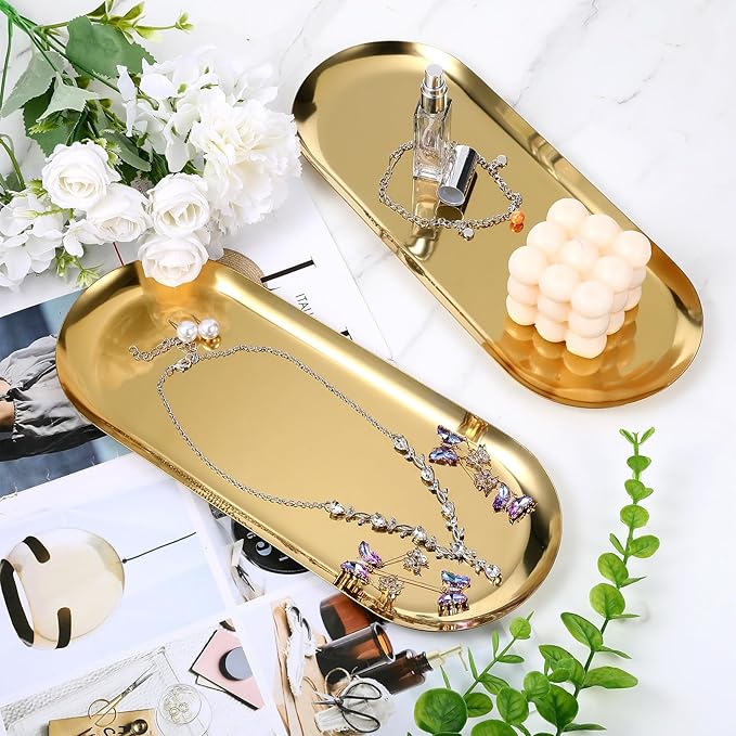 4 Pack Gold Stainless Steel Decorative Trays, 12 Inch Oval Jewelry Dish Cosmetics Organizer Bathroom Clutter Serving Platter Small Storage Tray
