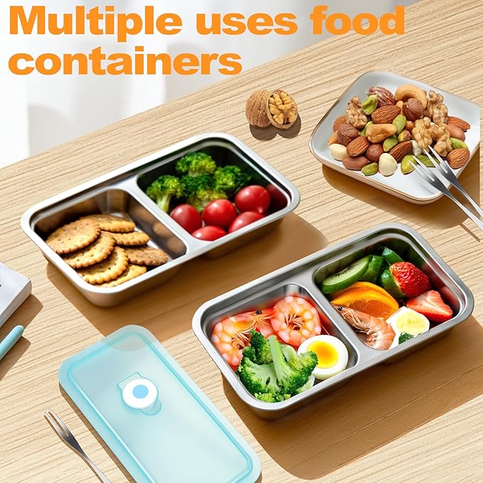 Stainless Steel Snack Containers with Lids, Reusable Bento Lunch Container Box, Food Storage, Leak Proof, Dishwasher-Safe, Grab and Go for Work, 6 Pack (Double Compartment) -With 6 Forks