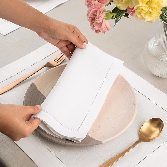D'Moksha Homes White Linen Napkins Set of 8 - Classic Hemstitch 100% Pure Linen Hemstitch Dinner Napkins 20 x 20 Inch for Winter, Christmas, Holiday, New Year - Handcrafted and Machine Washable
