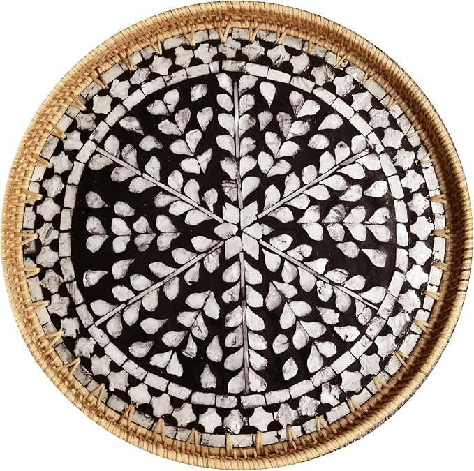 i-lan 16 Inch Rattan Round Serving Tray with Beige MOP Wooden Base, Large Wicker Ottoman Serving Platter with 1”Side, Woven Basket Plates for Home Décor, Coffee Table, Display