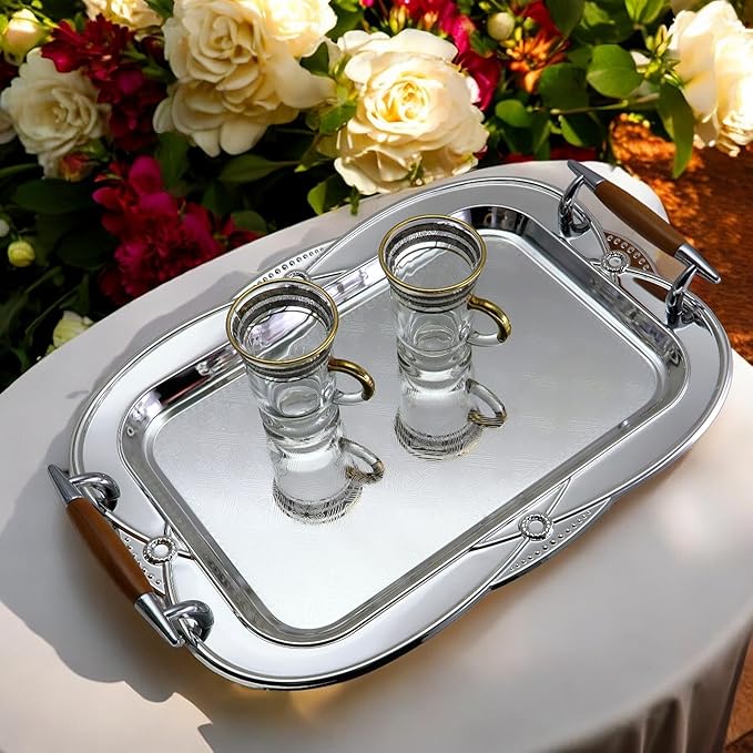 14.2 inch x 10.2 inch Floral Shape Antique Decorative Style Chrome Plated Silver Serving Tray with Handles Floral Engraved Edge Buffet Party Decor Platter Plate Dish FST-049