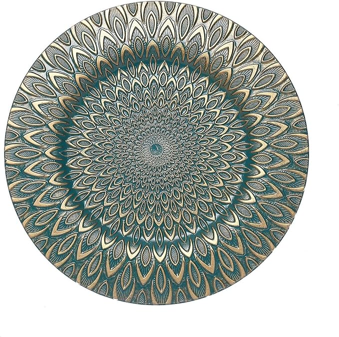 Efavormart 6 Pack | 13" Teal/Gold Embossed Peacock Design Plastic Serving Plates, Round Disposable Charger Plates