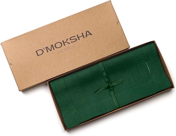 D'Moksha Homes Linen Forest Green Table Runner 60 Inches - Classic Hemstitch, 100% Pure Linen Coffee Table Runner 14 x 60 Inch Ideal for Dresser Tables - Winter, Christmas, Holiday, New Year