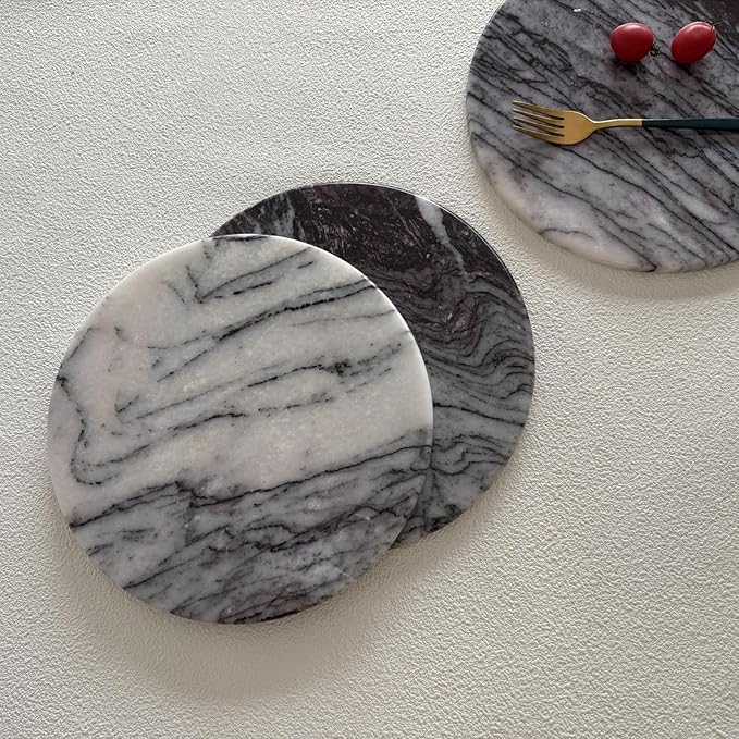 Natural Round Marble Tray Glossy Pastry Board for Dessert, Cheese, Coffee, Smooth on Both Sides (Black Purple)