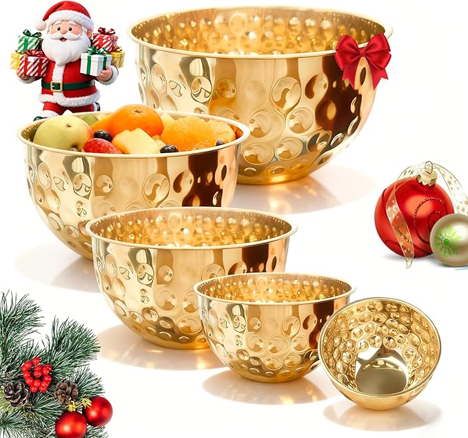 5-Piece Stainless Steel Mixing Bowls Set, Metal Hammered Gold Mixing Bowls for Kitchen, Cooking, Baking, Salad Prep, Food Storage, Reusable Nesting Design, 1.6-4.9 QT Capacity, Dishwasher Safe