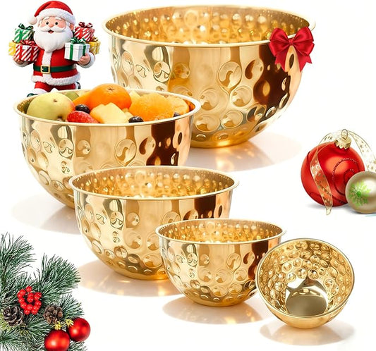 5-Piece Stainless Steel Mixing Bowls Set, Metal Hammered Gold Mixing Bowls for Kitchen, Cooking, Baking, Salad Prep, Food Storage, Reusable Nesting Design, 1.6-4.9 QT Capacity, Dishwasher Safe