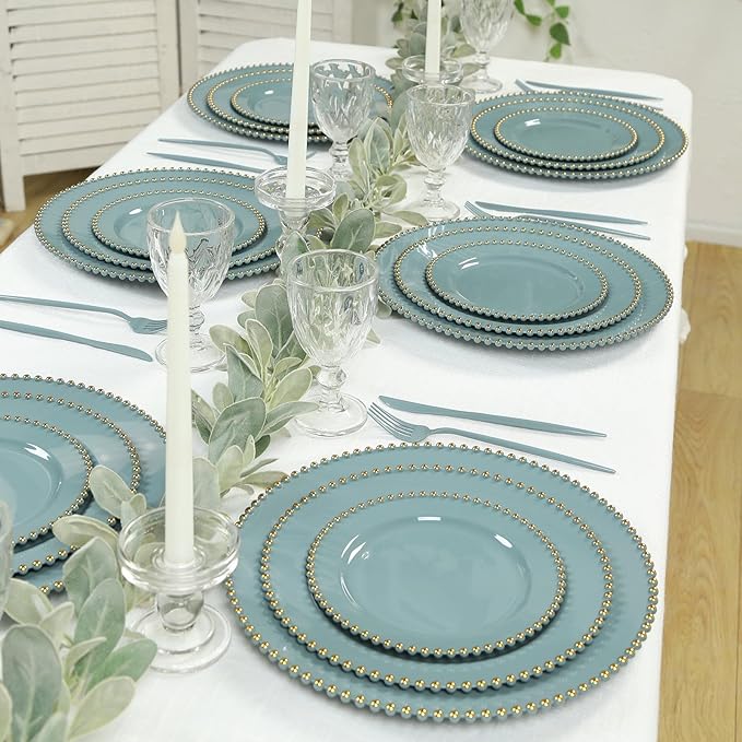 8" Salad Plates - Set of 20 - Plastic Dusty Blue Round Disposable Dessert Appetizer Plate with Gold Beaded Rim, Ideal for Dinner Party Wedding Bulk Events