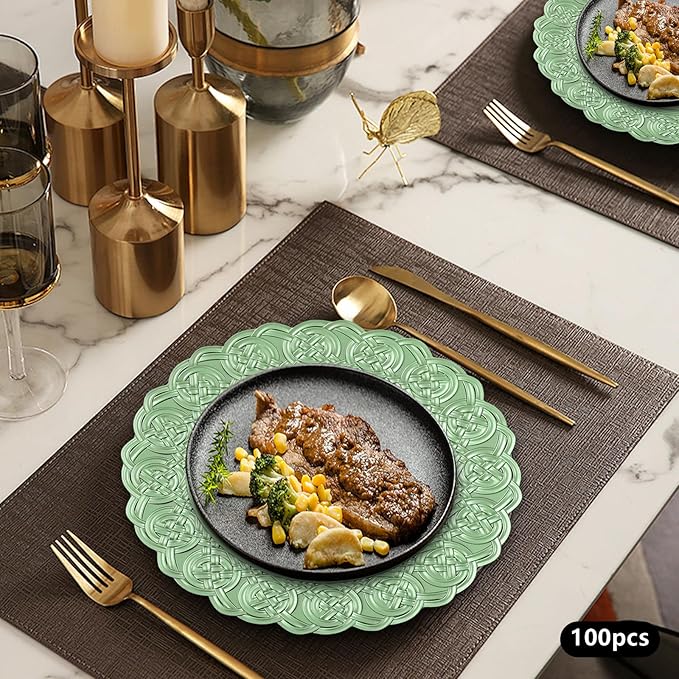 100 Pcs Antique Charger Plates Bulk 13 Inch Embossed Rim Plastic Party Dinner Plate Chargers Round Decorative Server Plate for Wedding Party Event Tableware (100pcs-green)