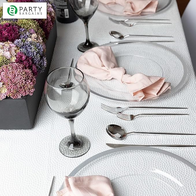 PARTY BARGAINS 13-Inch Charger Plates - 4 Pack, Clear Silver Rim, Heavy-Duty Disposable Chargers for Elegant Dining - Ideal for Weddings and Formal Events
