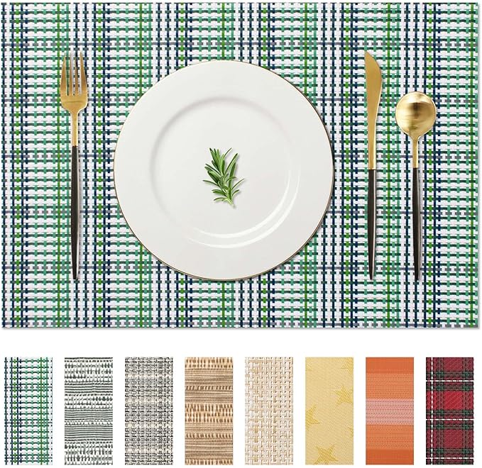 AHHFSMEI Placemats for Dining Table Set of 4 Woven Vinyl Plastic Place Mats Non-Slip Heat Insulation Stain Resistant Table Mats Washable Easy Clean Placemats (Green Blue Stripe 4)