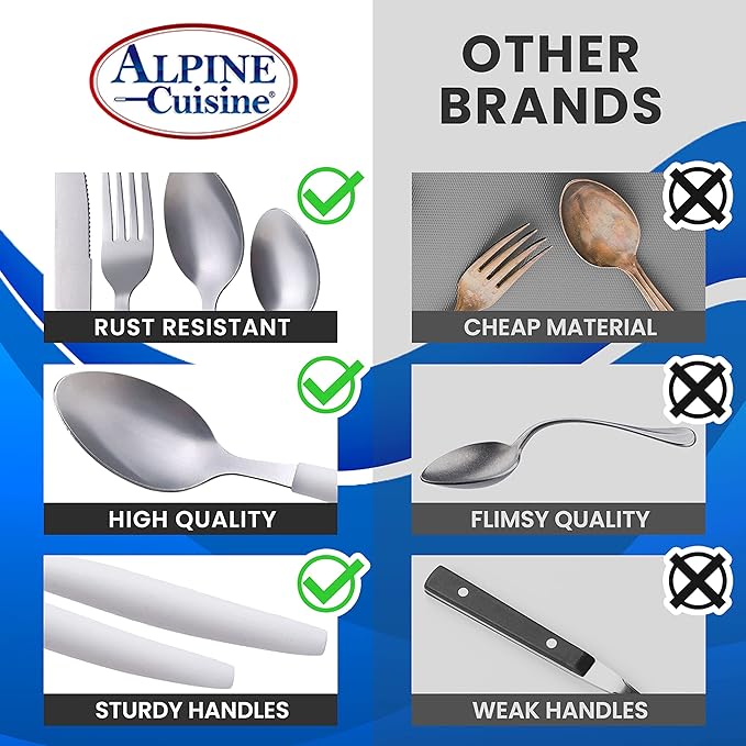 ALPINE CUISINE Flatware Set 16 Piece Service for 4, Stainless Steel Flatware Cutlery Set Includes Dinner Knives/Forks/Spoons - Great for Camping or College Dorms - Dishwasher Safe - White