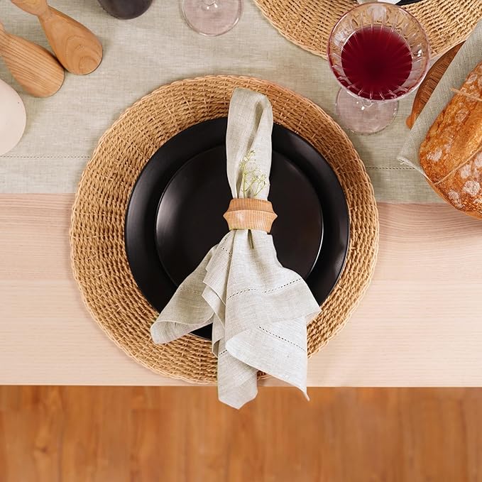 Home Ekaa Linen Light Natural Dinner Napkins Set of 4-100% Pure Linen Cloth Fabric, Hemstitch Dinner Napkins 20 x 20 Inch for Dining, Dresser, Thanksgiving, Christmas, Fall - Lino
