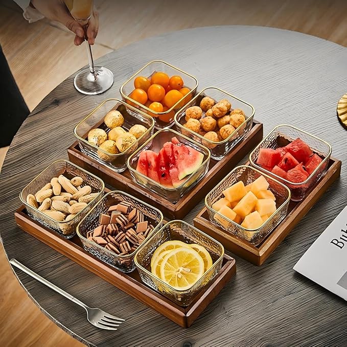 Premium Walnut Snack Tray with Lid, Glass Divided Fruit & Nut Bowl Set, Wooden Coffee Table Serving Tray for Candy, Dried Fruit, Desserts, Condiments, Charcuterie & Home Entertaining (3)